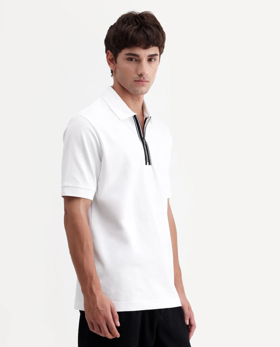 Rare Rabbit Men's Fur White Cotton Fabric Spread Collar Regular Fit Plain Polo
