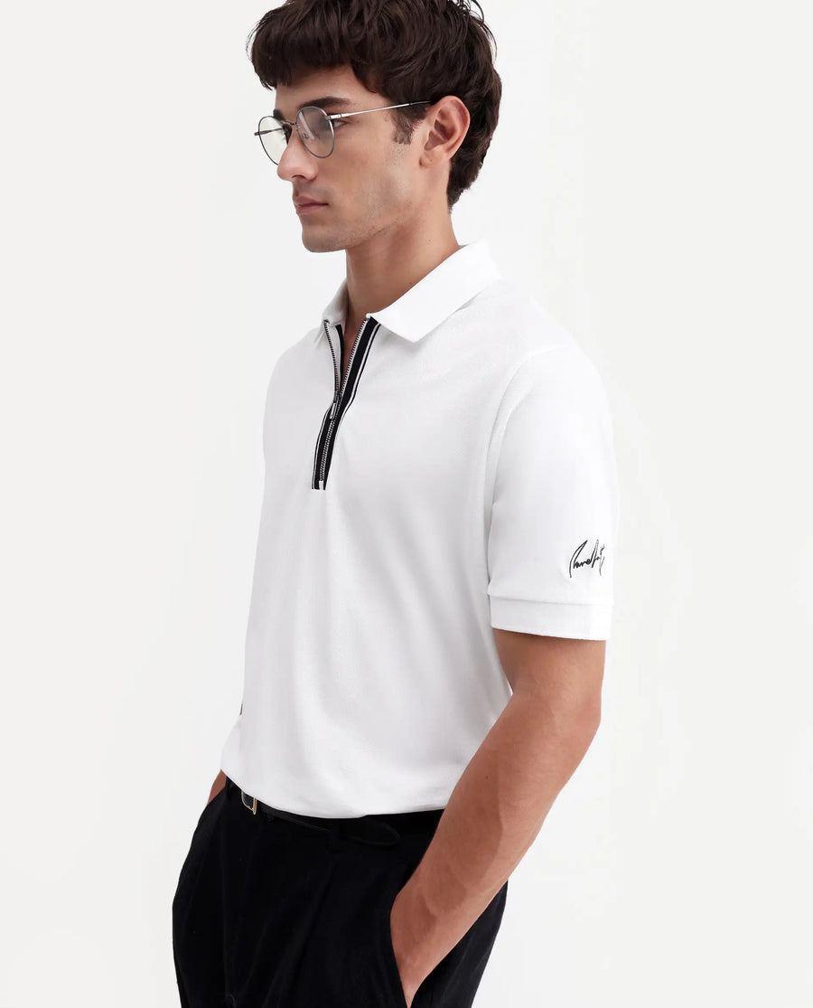 Rare Rabbit Men's Fur White Cotton Fabric Spread Collar Regular Fit Plain Polo