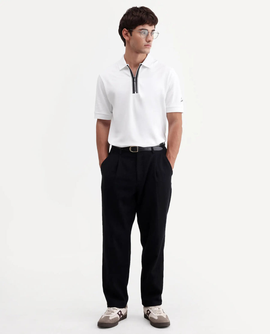 Rare Rabbit Men's Fur White Cotton Fabric Spread Collar Regular Fit Plain Polo