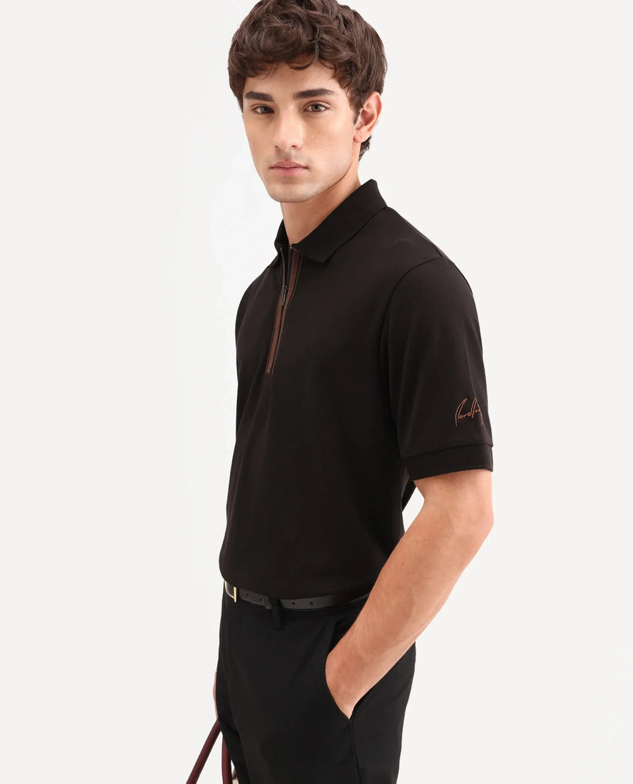 Rare Rabbit Men's Fur Brown Cotton Fabric Spread Collar Regular Fit Embroidered Polo