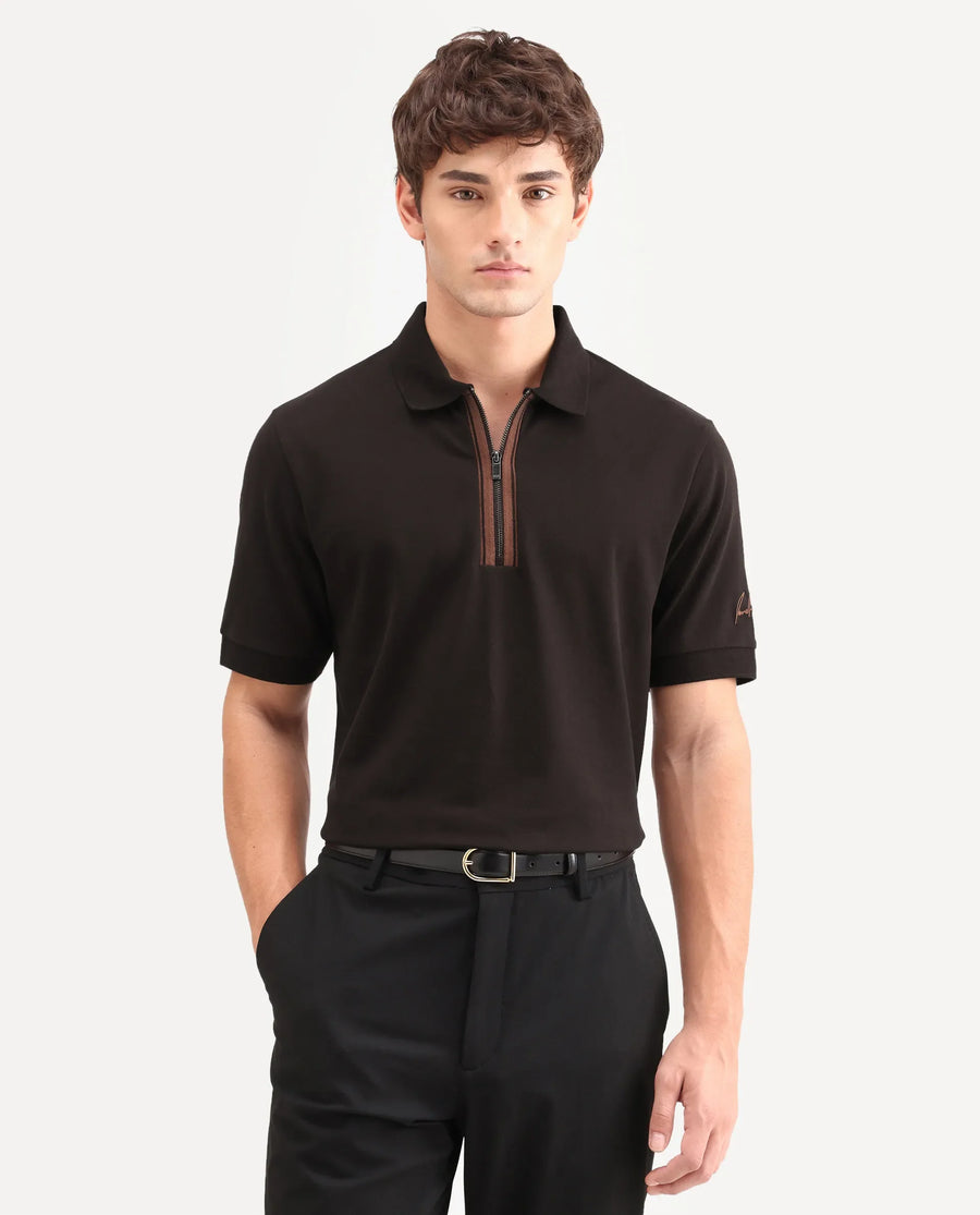 Rare Rabbit Men's Fur Brown Cotton Fabric Spread Collar Regular Fit Embroidered Polo