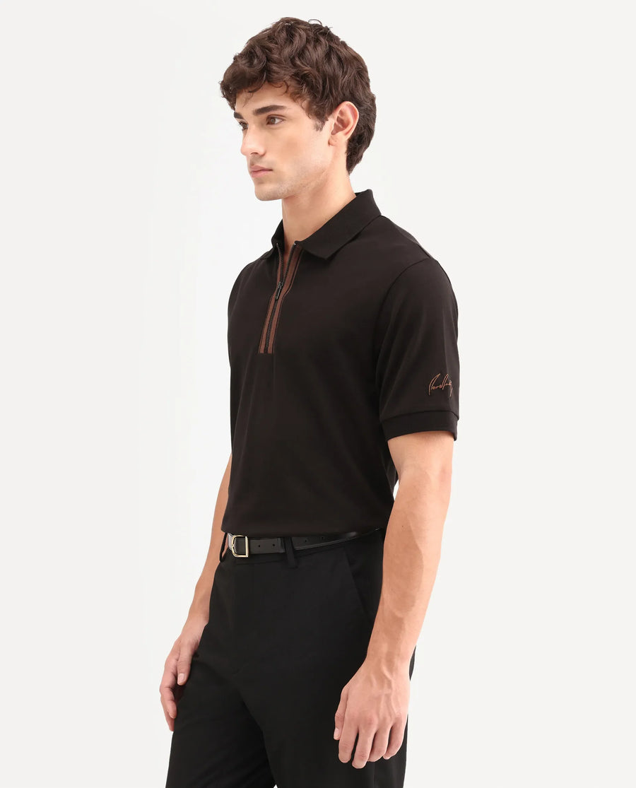 Rare Rabbit Men's Fur Brown Cotton Fabric Spread Collar Regular Fit Embroidered Polo