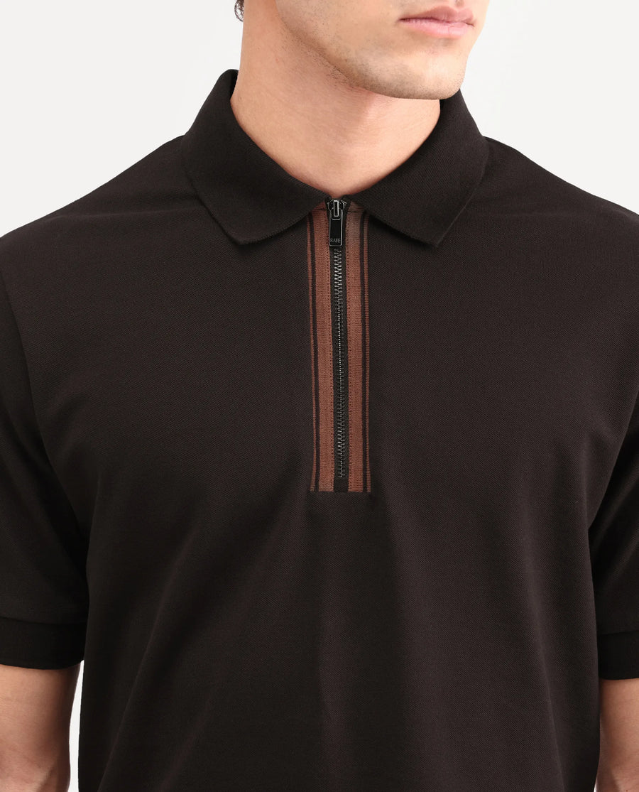 Rare Rabbit Men's Fur Brown Cotton Fabric Spread Collar Regular Fit Embroidered Polo