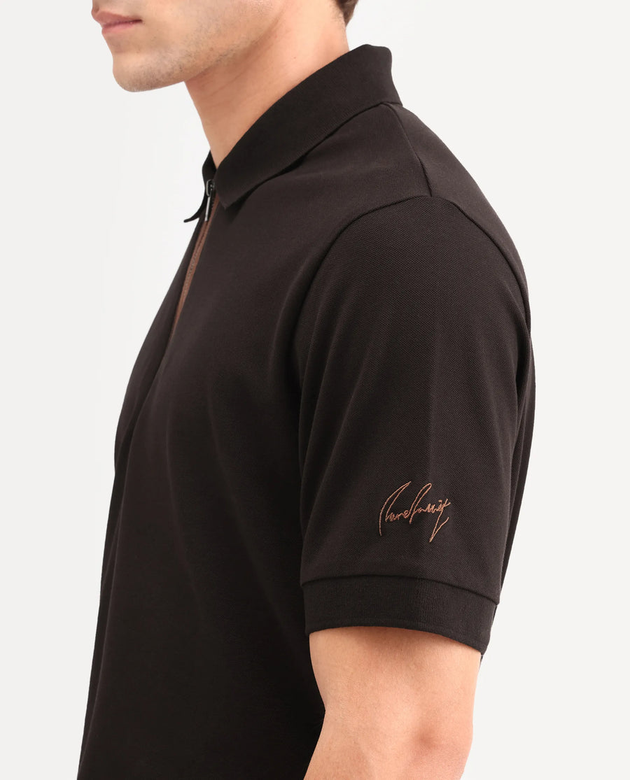 Rare Rabbit Men's Fur Brown Cotton Fabric Spread Collar Regular Fit Embroidered Polo