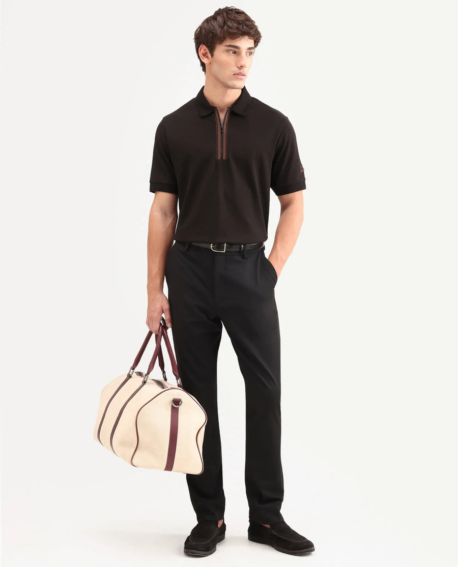 Rare Rabbit Men's Fur Brown Cotton Fabric Spread Collar Regular Fit Embroidered Polo