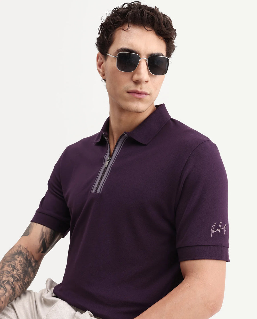 Rare Rabbit Men's Fur Dark Purple Cotton Fabric Spread Collar Regular Fit Embroidered Polo