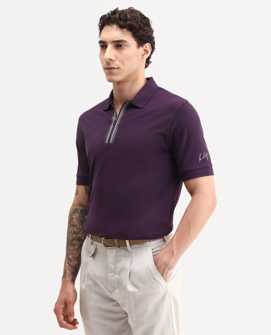 Rare Rabbit Men's Fur Dark Purple Cotton Fabric Spread Collar Regular Fit Embroidered Polo