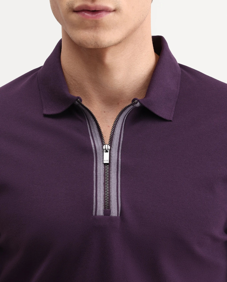 Rare Rabbit Men's Fur Dark Purple Cotton Fabric Spread Collar Regular Fit Embroidered Polo