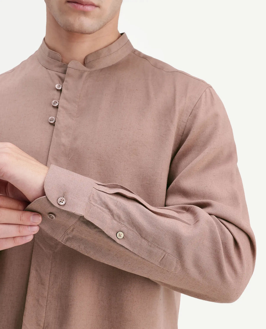 Rare Rabbit Men's Throne-Aw26 Light Brown Linen Blend Mandarin Collar Regular Plain Shirt