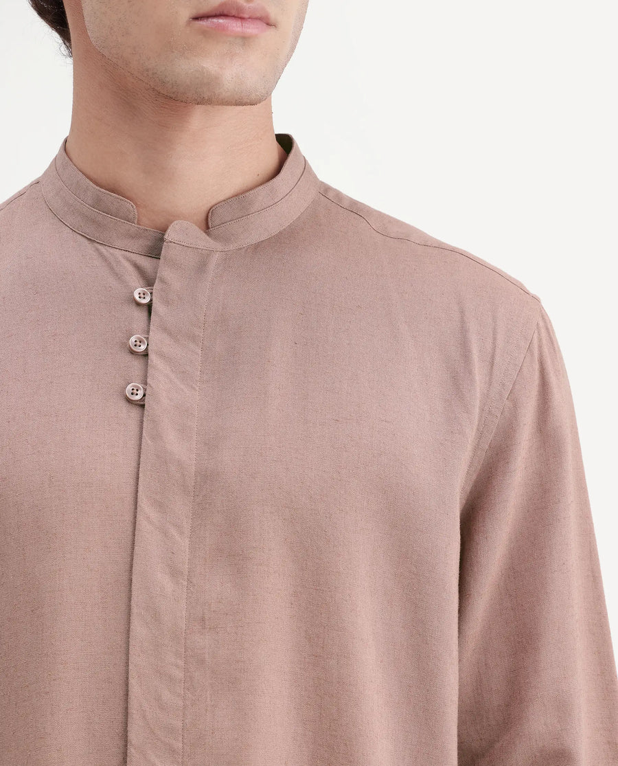 Rare Rabbit Men's Throne-Aw26 Light Brown Linen Blend Mandarin Collar Regular Plain Shirt