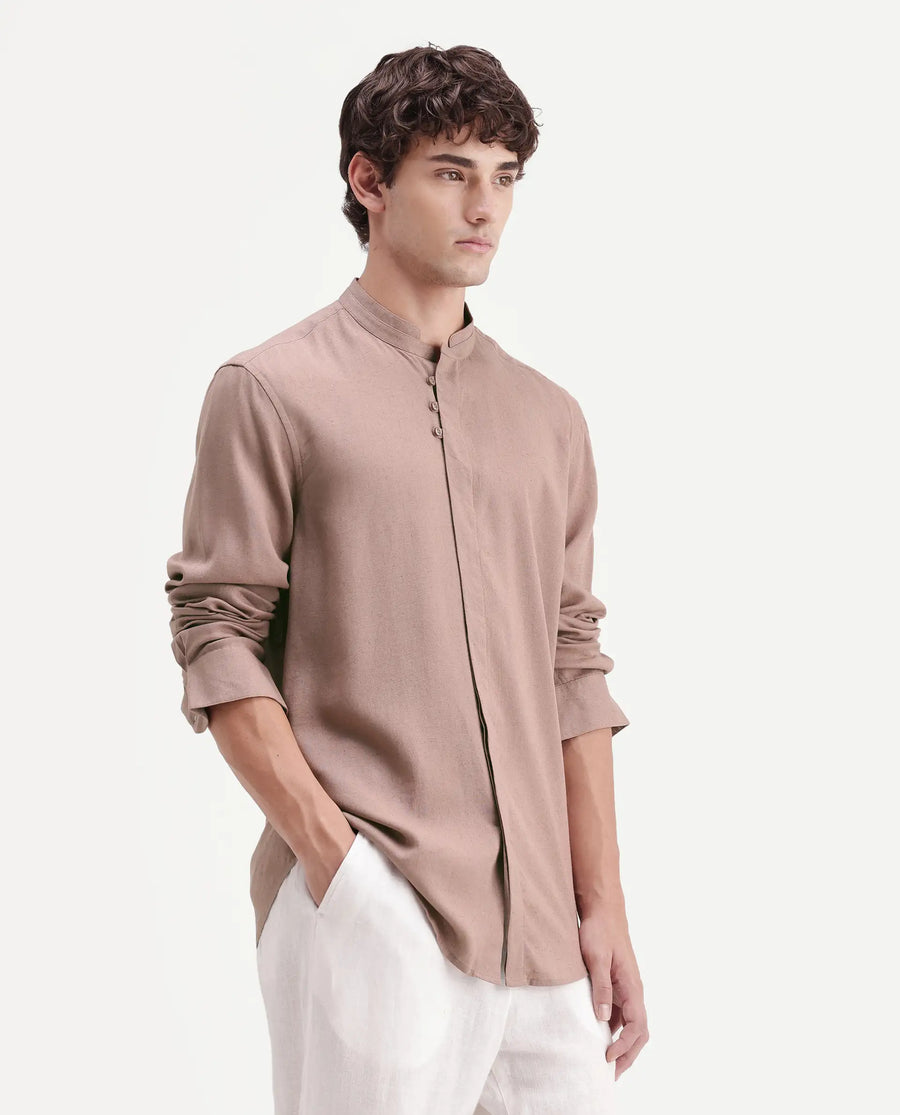 Rare Rabbit Men's Throne-Aw26 Light Brown Linen Blend Mandarin Collar Regular Plain Shirt