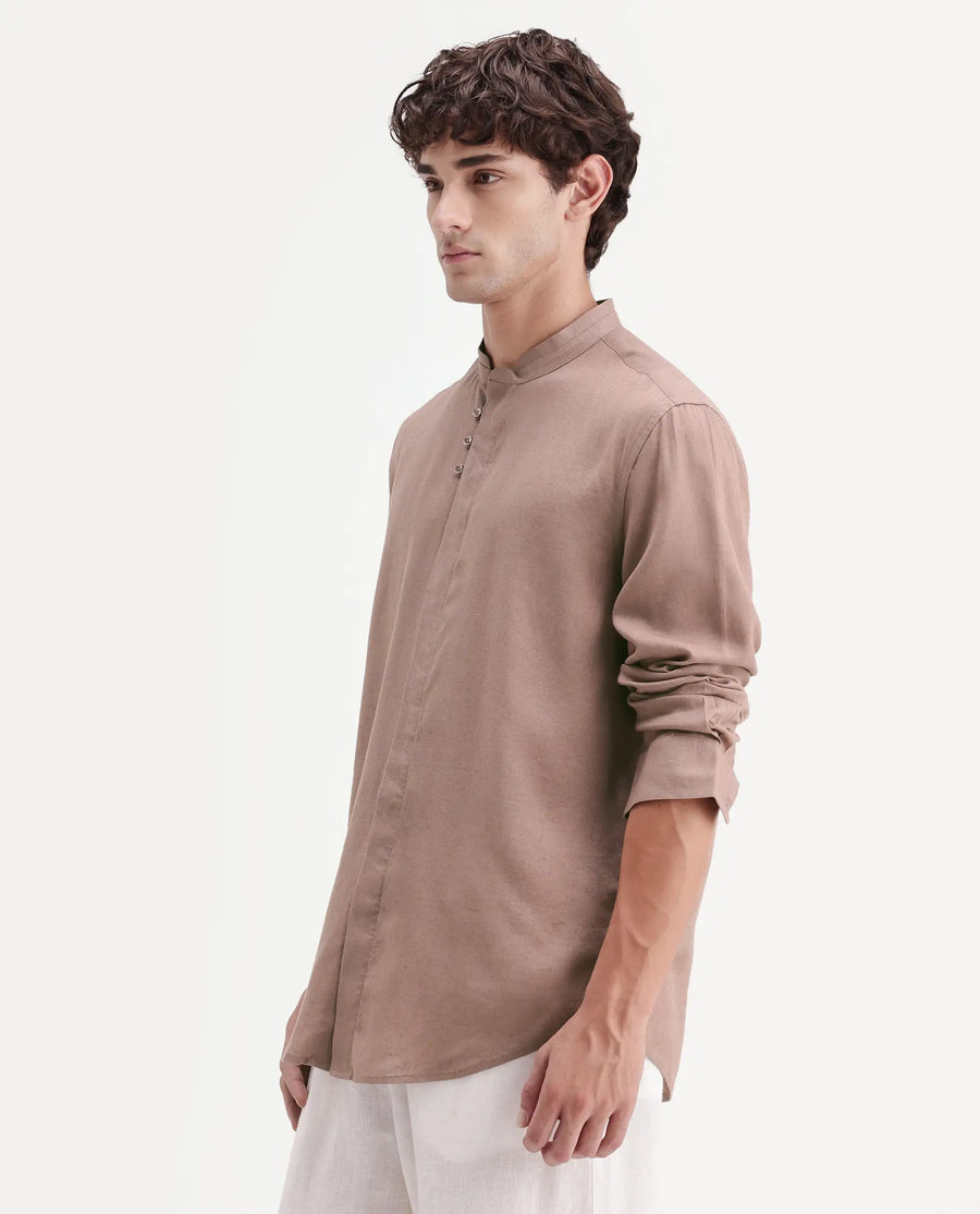 Rare Rabbit Men's Throne-Aw26 Light Brown Linen Blend Mandarin Collar Regular Plain Shirt