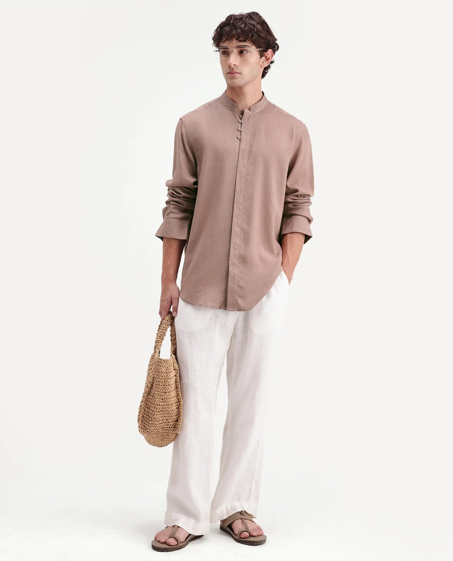 Rare Rabbit Men's Throne-Aw26 Light Brown Linen Blend Mandarin Collar Regular Plain Shirt