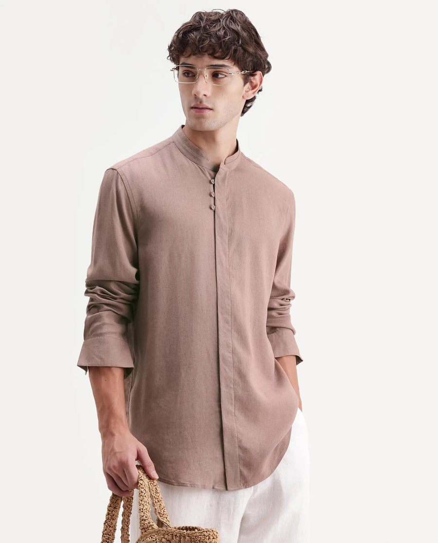 Rare Rabbit Men's Throne-Aw26 Light Brown Linen Blend Mandarin Collar Regular Plain Shirt