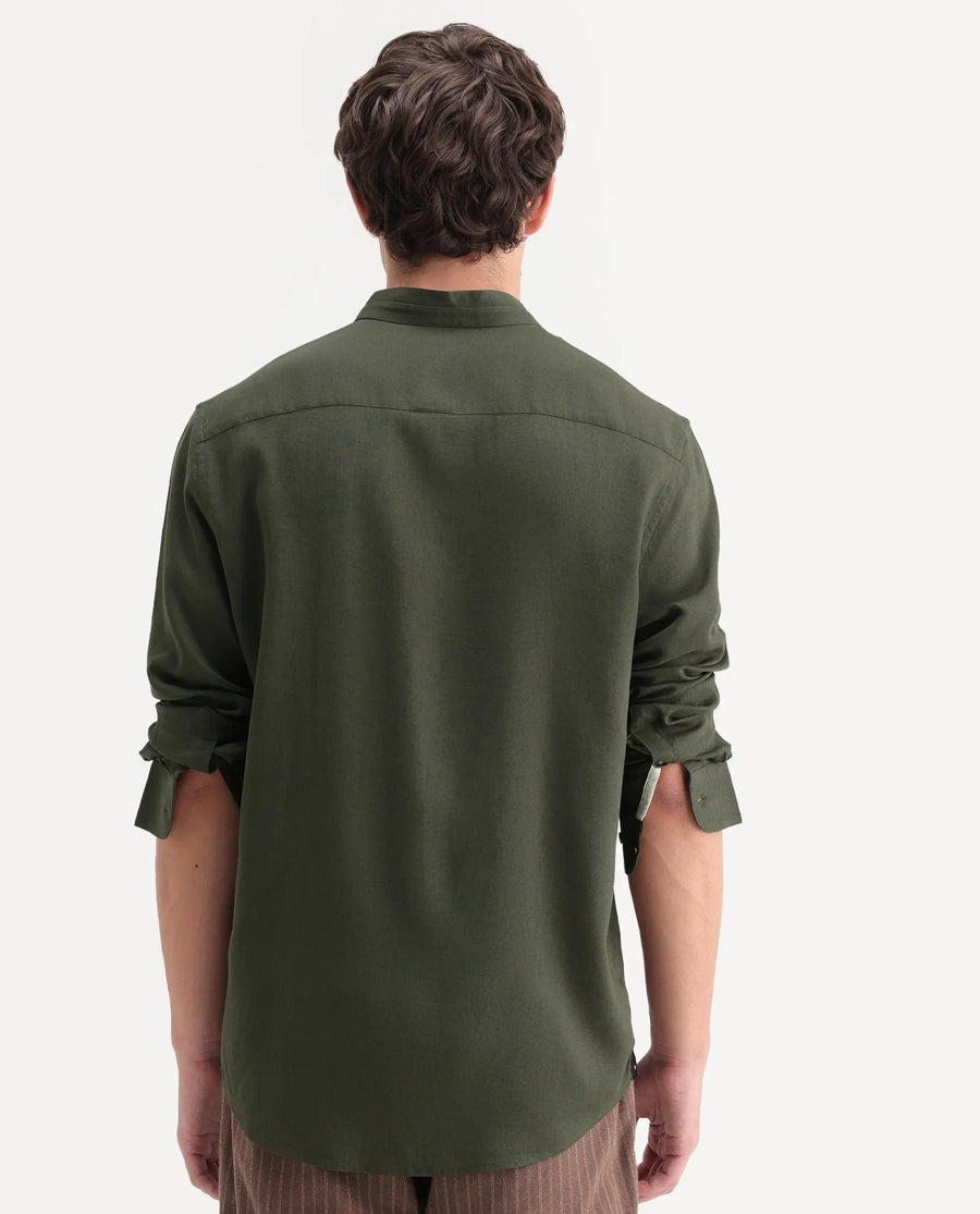 Rare Rabbit Men's Throne-Aw26 Dark Olive Linen Blend Mandarin Collar Regular Plain Shirt