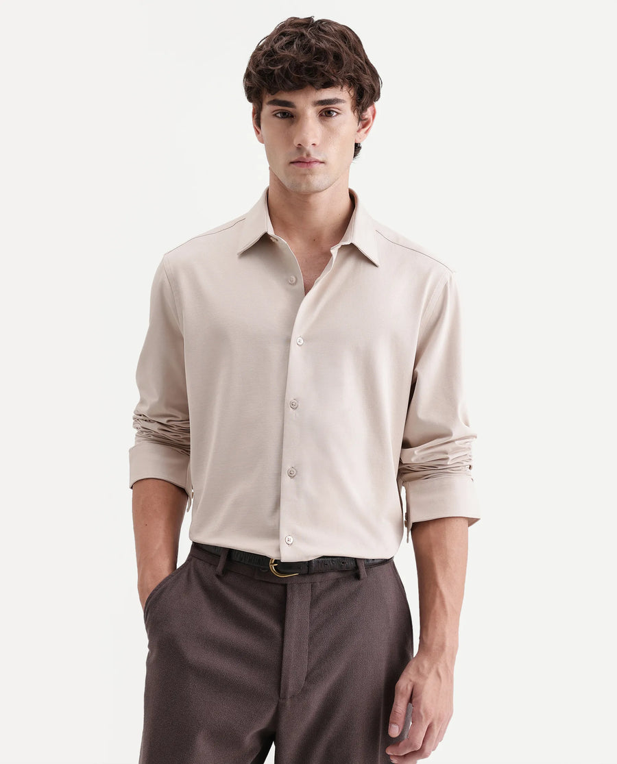 Rare Rabbit Men's Tour-Aw26 Beige Cotton Blend Spread Collar Regular Plain Shirt