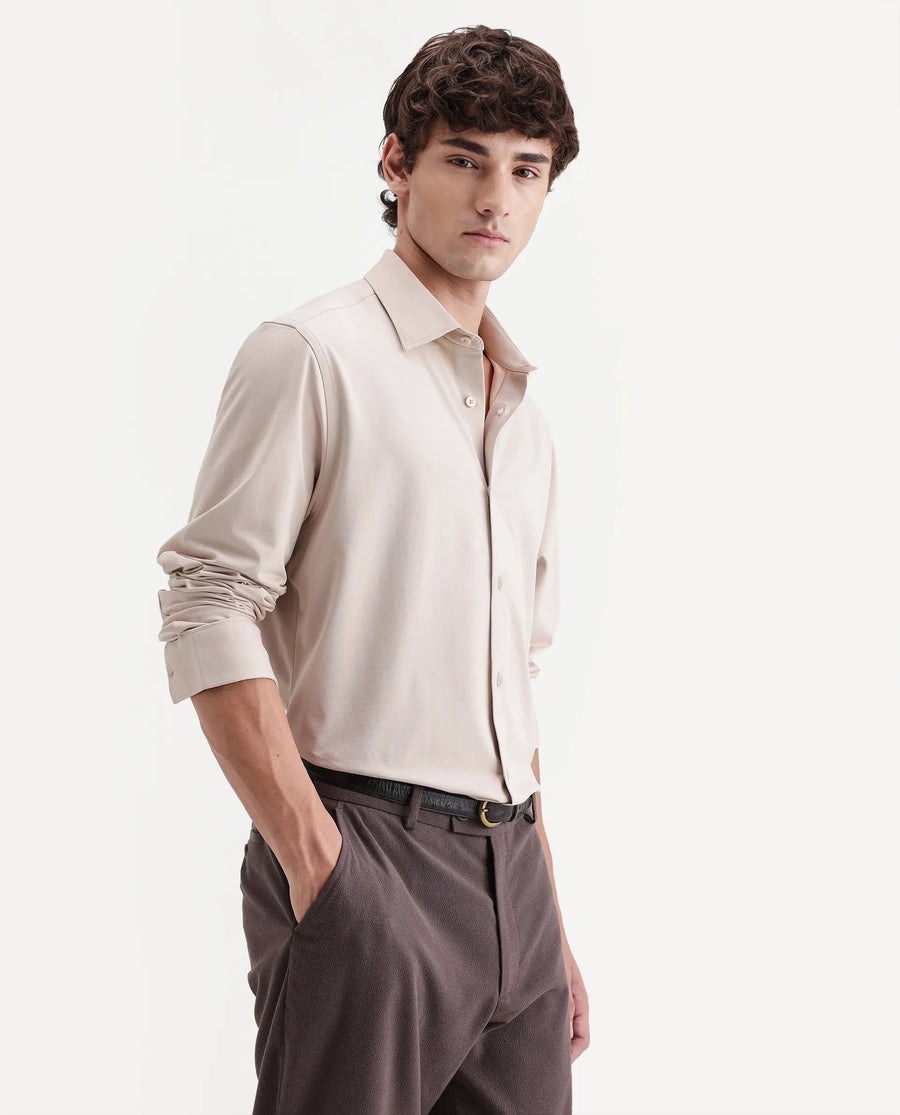 Rare Rabbit Men's Tour-Aw26 Beige Cotton Blend Spread Collar Regular Plain Shirt