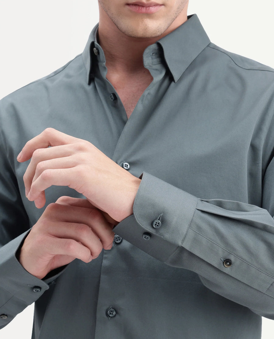 Rare Rabbit Men's Como-Aw26 Dusky Blue Cotton Blend Spread Collar Regular Plain Shirt