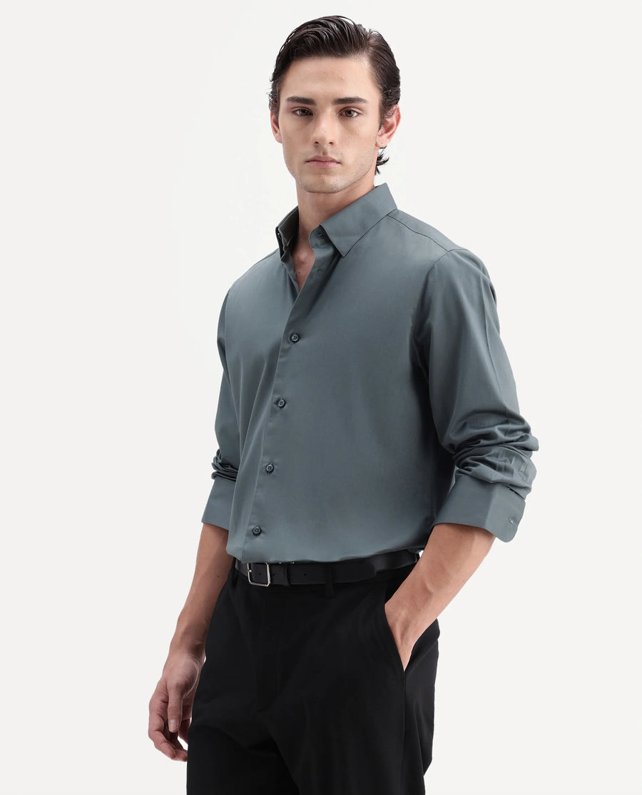 Rare Rabbit Men's Como-Aw26 Dusky Blue Cotton Blend Spread Collar Regular Plain Shirt