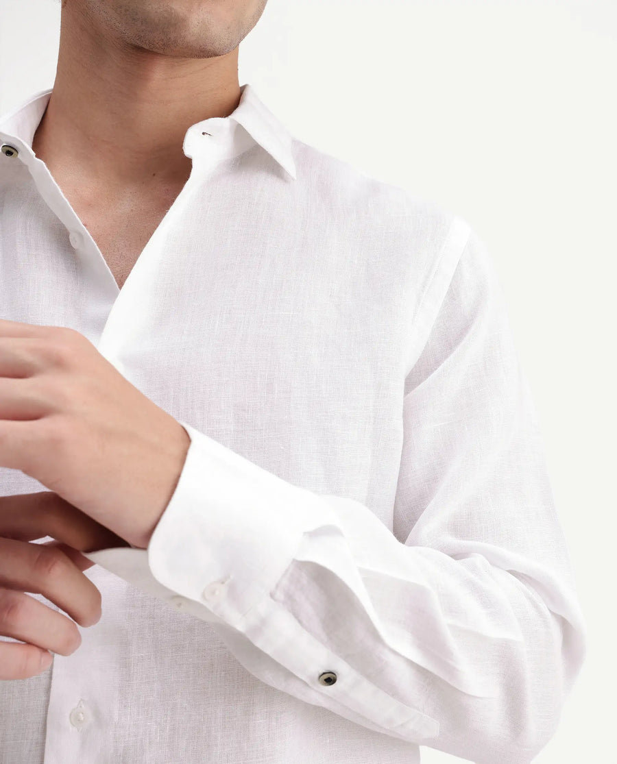 Rare Rabbit Men's Mavi-Aw26 White 100% Linen Spread Collar Regular Plain Shirt