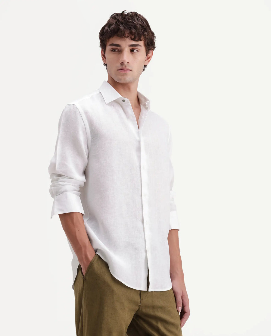 Rare Rabbit Men's Mavi-Aw26 White 100% Linen Spread Collar Regular Plain Shirt