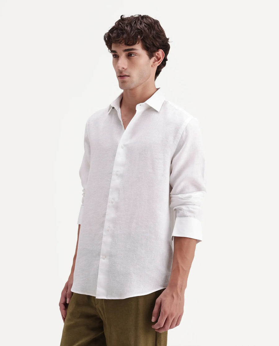Rare Rabbit Men's Mavi-Aw26 White 100% Linen Spread Collar Regular Plain Shirt