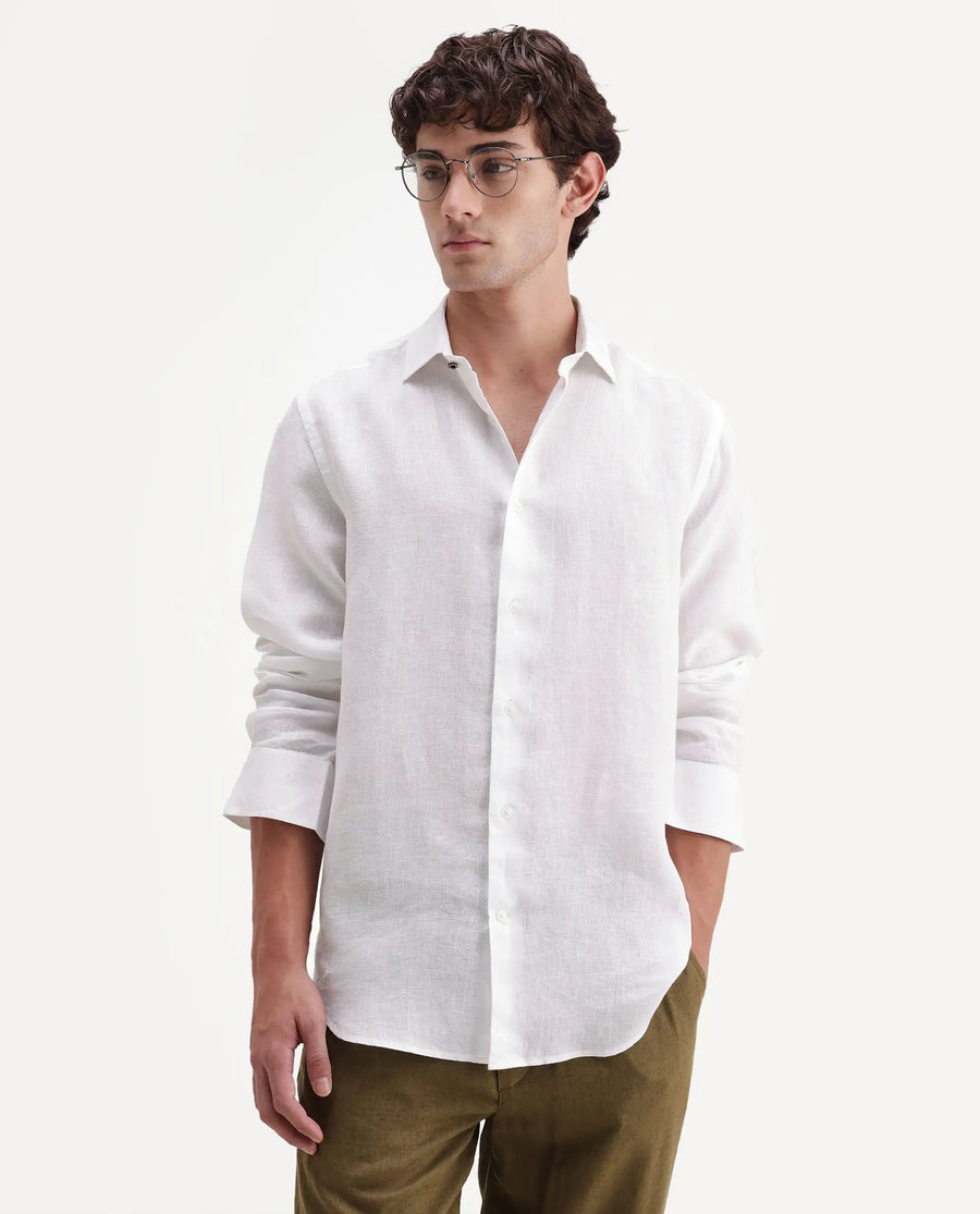 Rare Rabbit Men's Mavi-Aw26 White 100% Linen Spread Collar Regular Plain Shirt