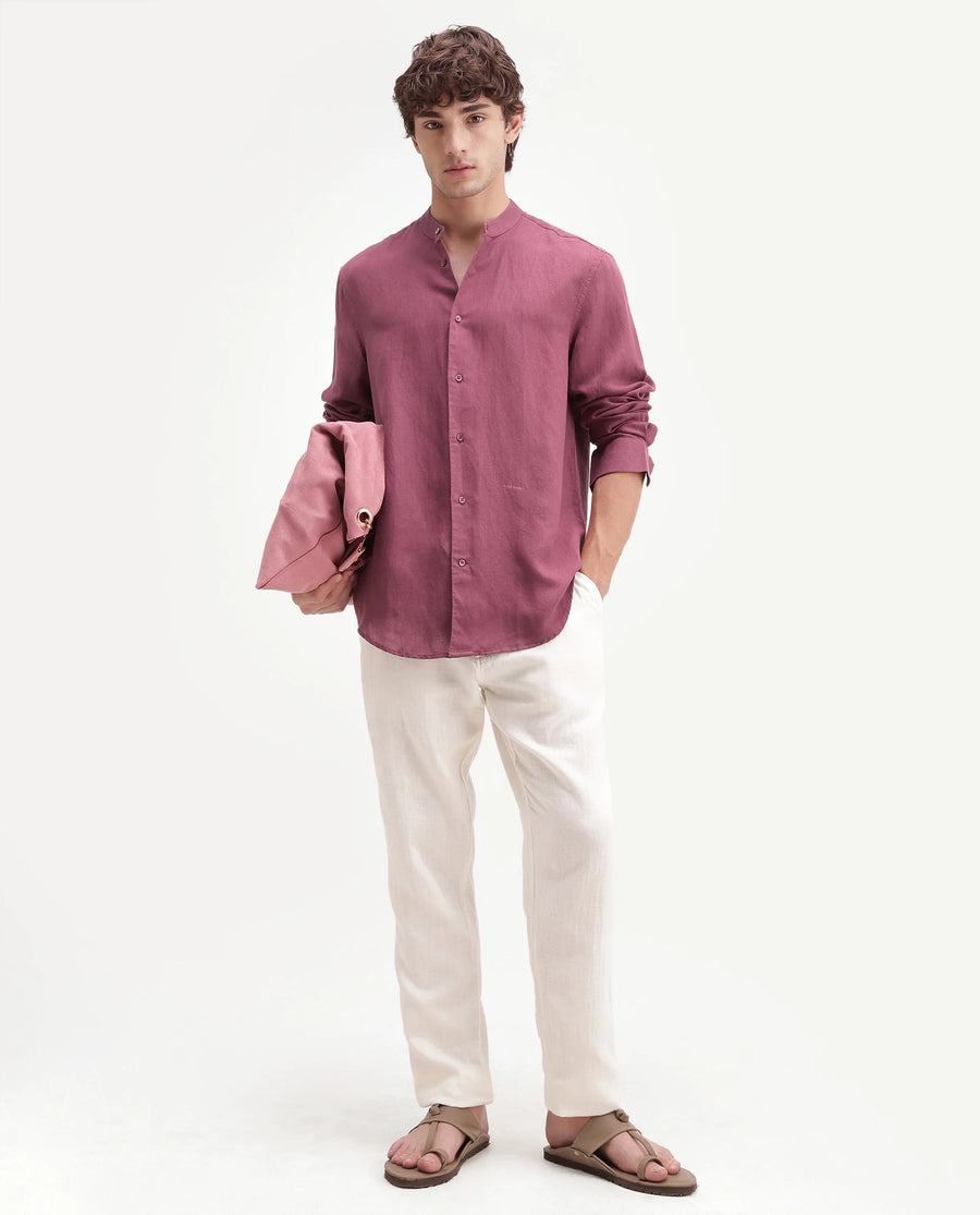 Rare Rabbit Men's Cinex-Aw26 Dusky Maroon Linen Mandarin Collar Regular Fit Plain Shirt
