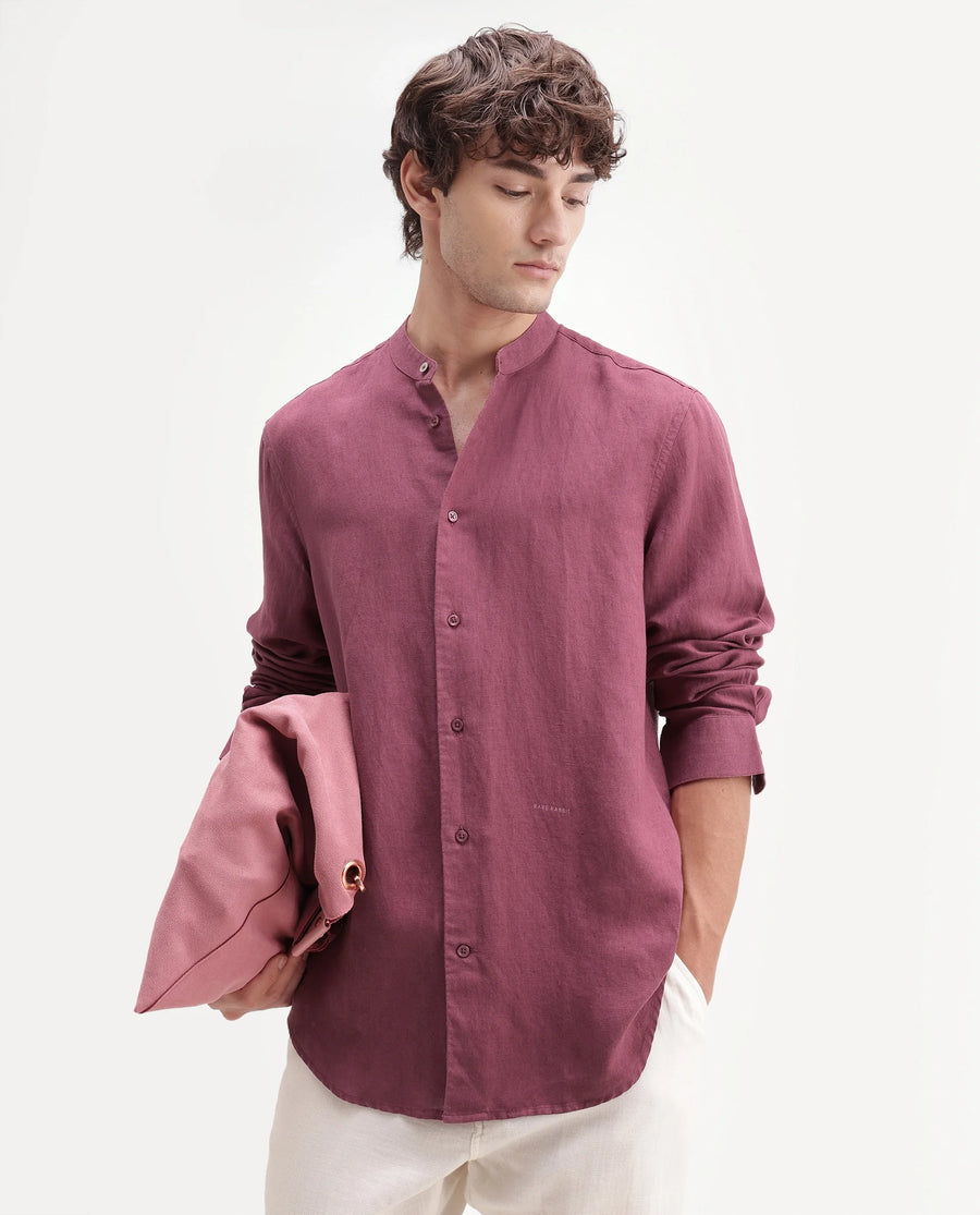 Rare Rabbit Men's Cinex-Aw26 Dusky Maroon Linen Mandarin Collar Regular Fit Plain Shirt