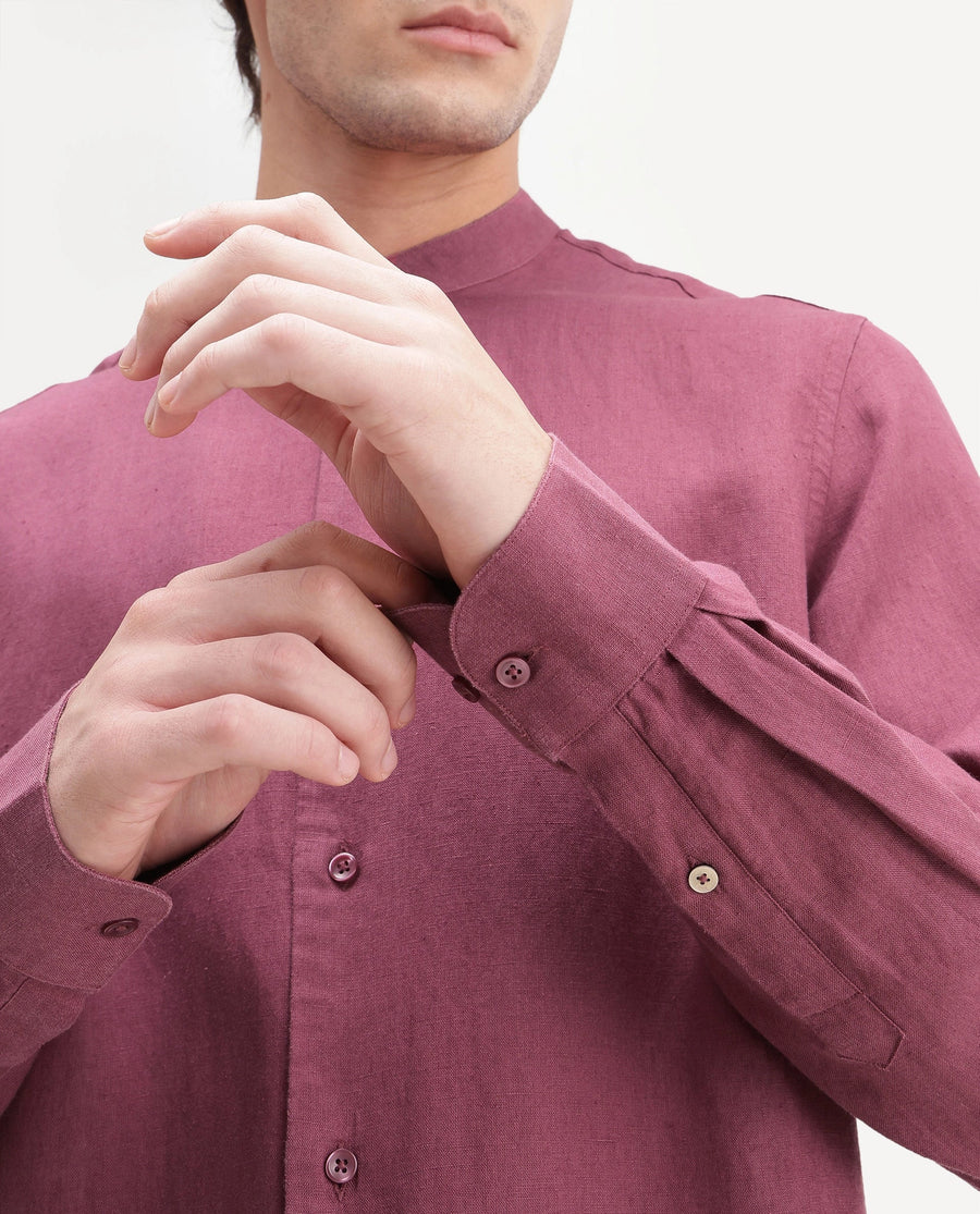 Rare Rabbit Men's Cinex-Aw26 Dusky Maroon Linen Mandarin Collar Regular Fit Plain Shirt