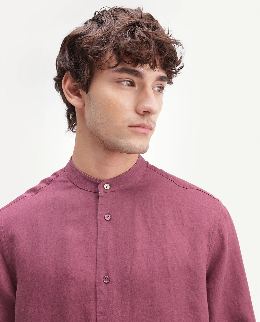 Rare Rabbit Men's Cinex-Aw26 Dusky Maroon Linen Mandarin Collar Regular Fit Plain Shirt