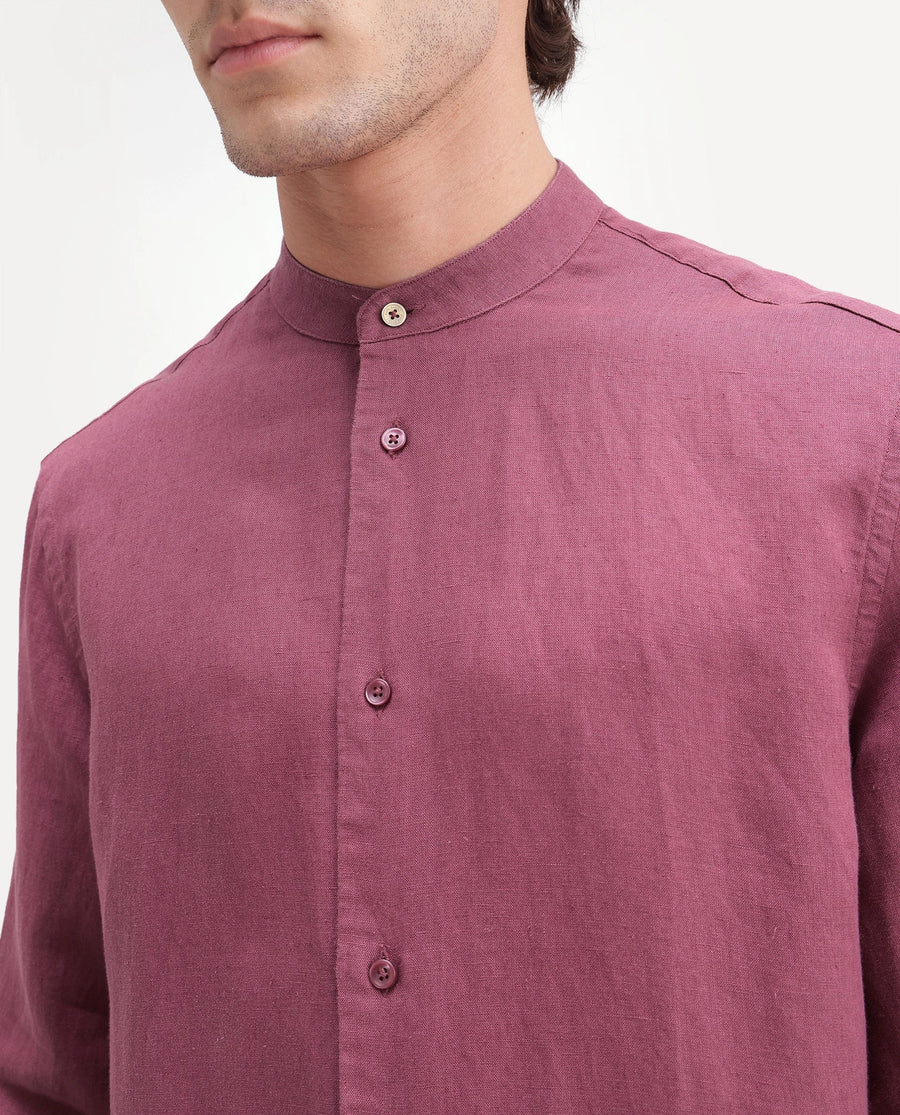Rare Rabbit Men's Cinex-Aw26 Dusky Maroon Linen Mandarin Collar Regular Fit Plain Shirt