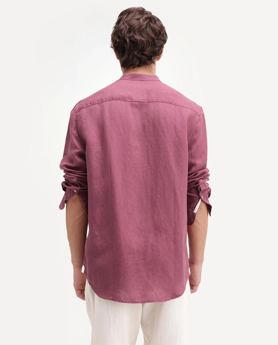 Rare Rabbit Men's Cinex-Aw26 Dusky Maroon Linen Mandarin Collar Regular Fit Plain Shirt