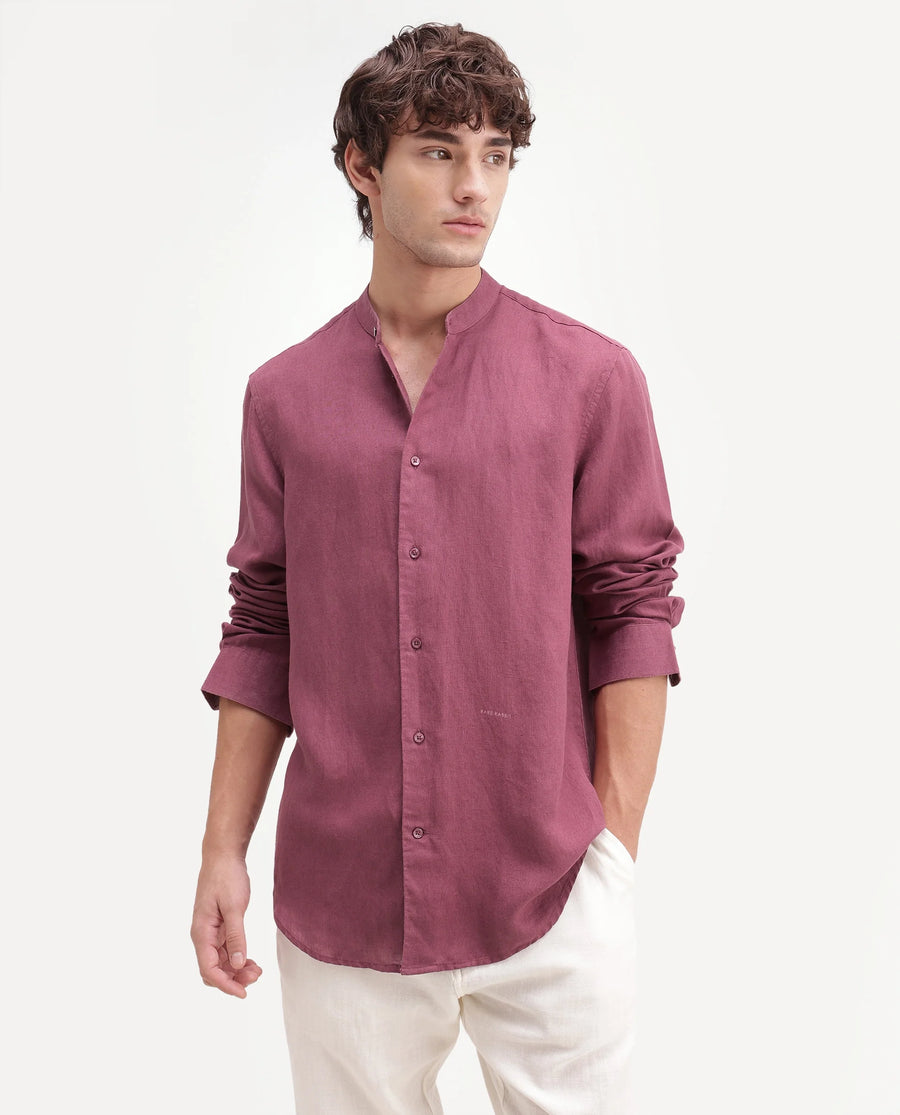 Rare Rabbit Men's Cinex-Aw26 Dusky Maroon Linen Mandarin Collar Regular Fit Plain Shirt