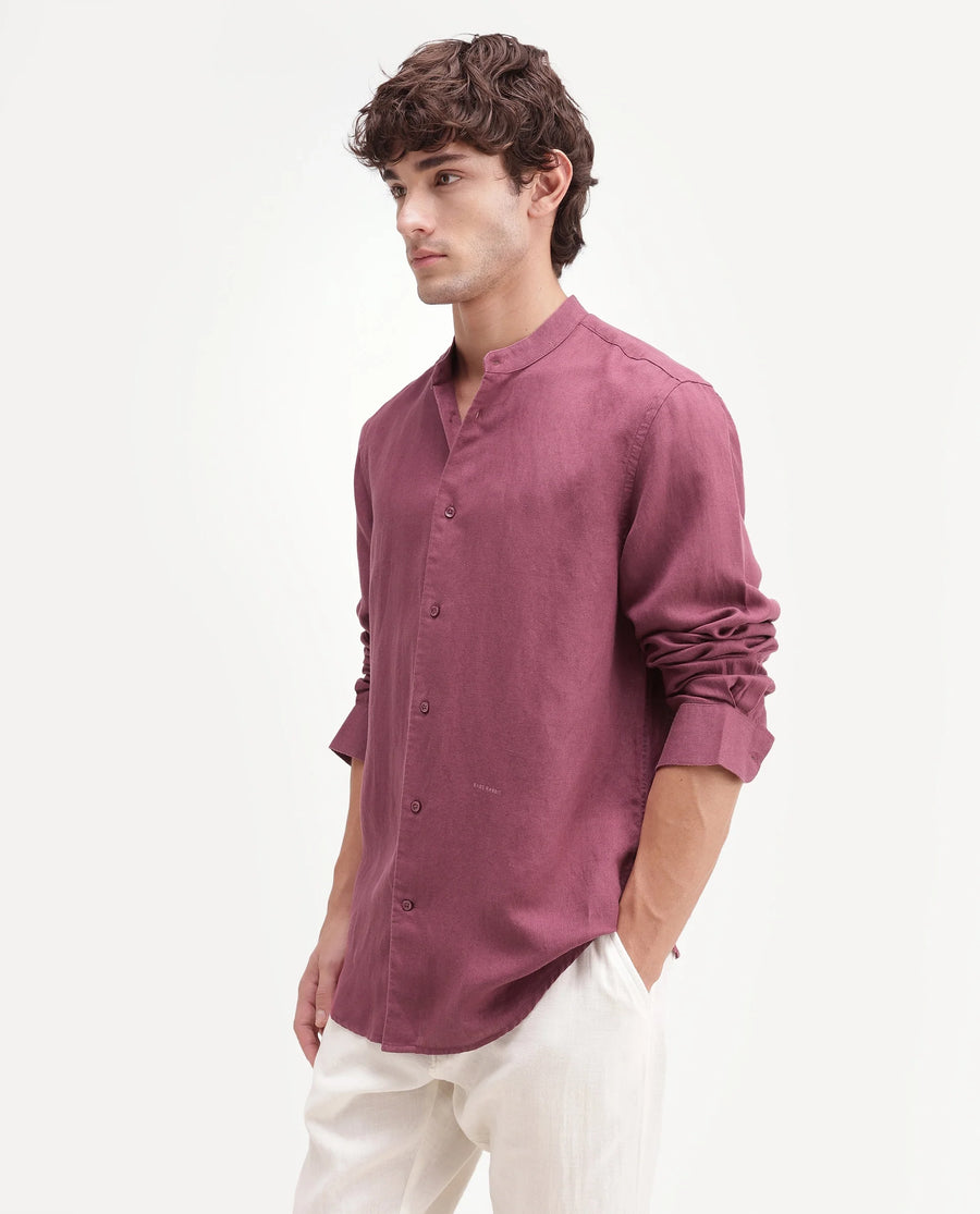 Rare Rabbit Men's Cinex-Aw26 Dusky Maroon Linen Mandarin Collar Regular Fit Plain Shirt