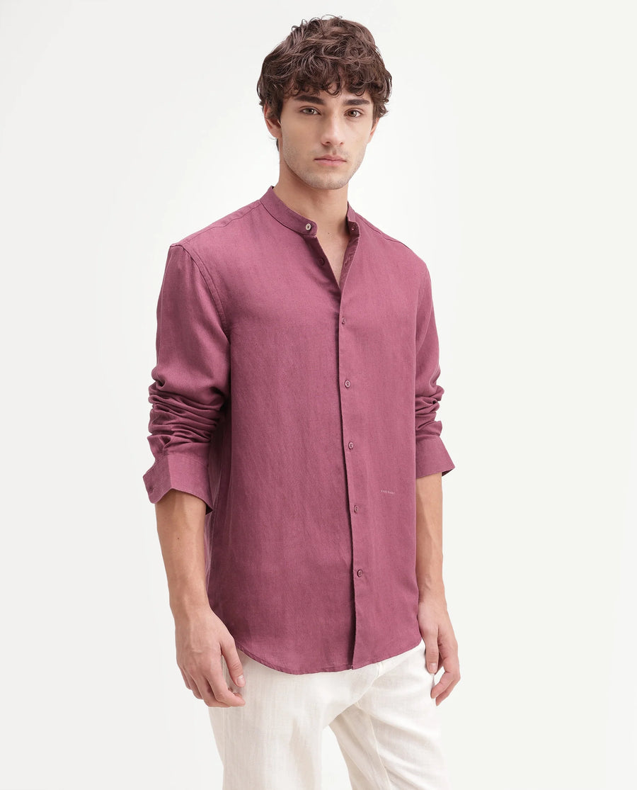 Rare Rabbit Men's Cinex-Aw26 Dusky Maroon Linen Mandarin Collar Regular Fit Plain Shirt