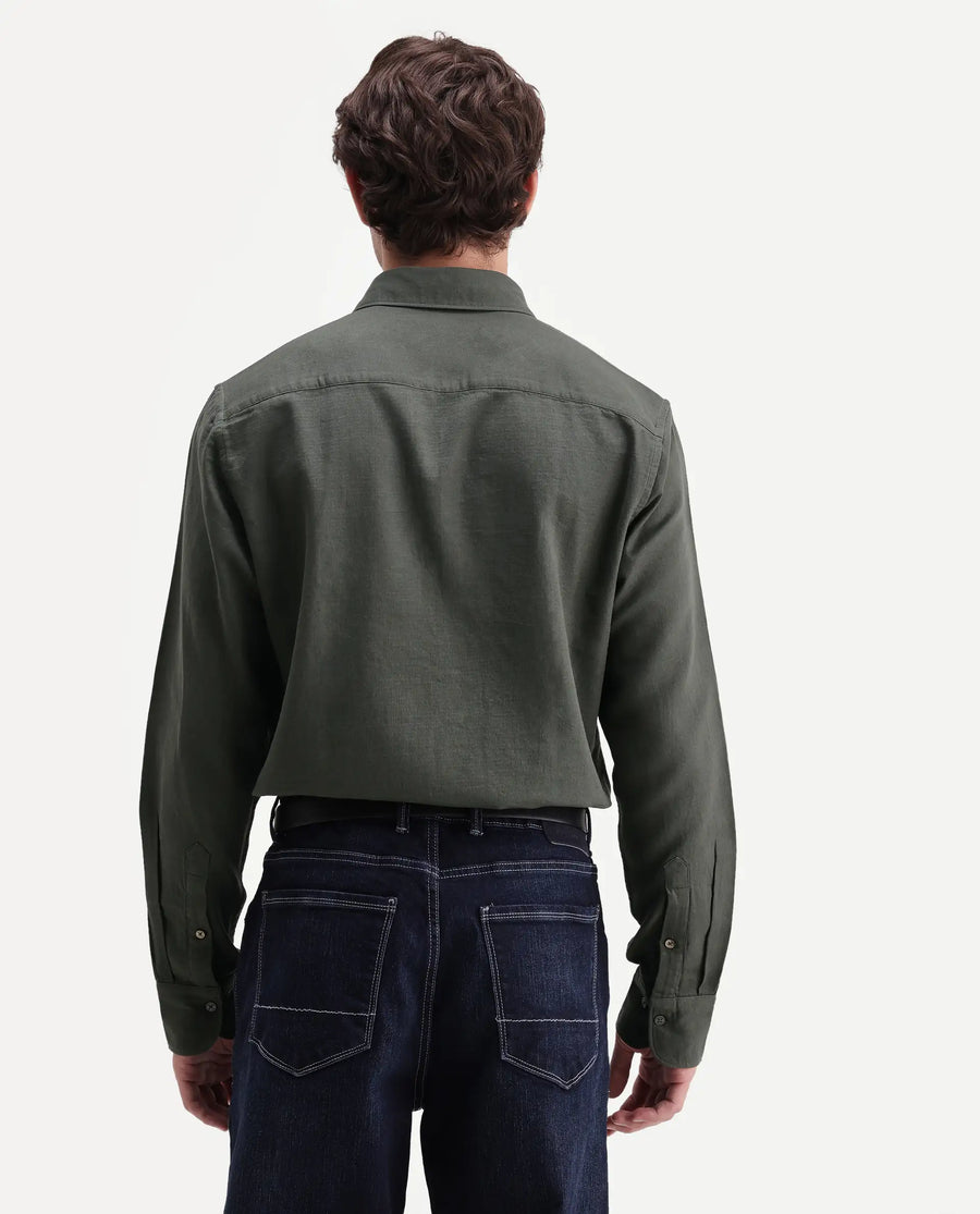 Rare Rabbit Men's Layer-Ls-Aw26 Olive Cotton Spread Collar Regular Plain Shirt