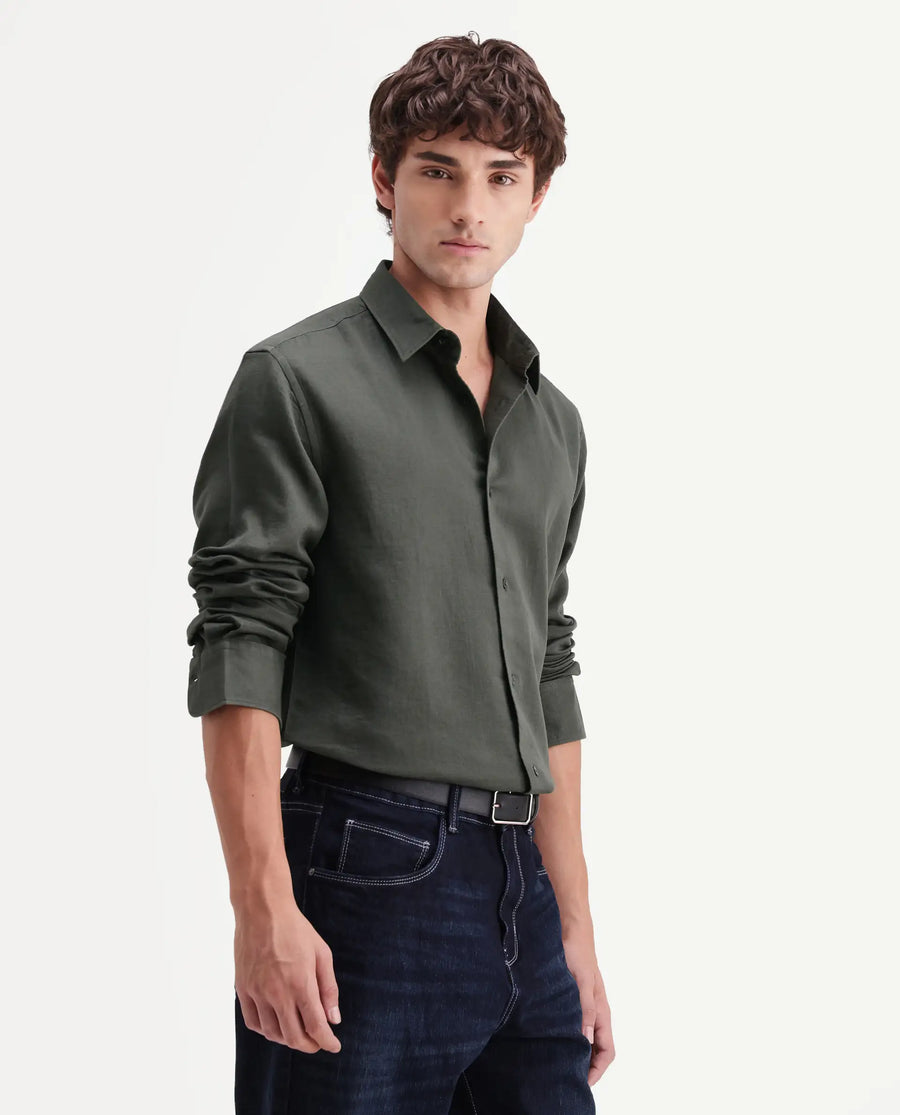 Rare Rabbit Men's Layer-Ls-Aw26 Olive Cotton Spread Collar Regular Plain Shirt
