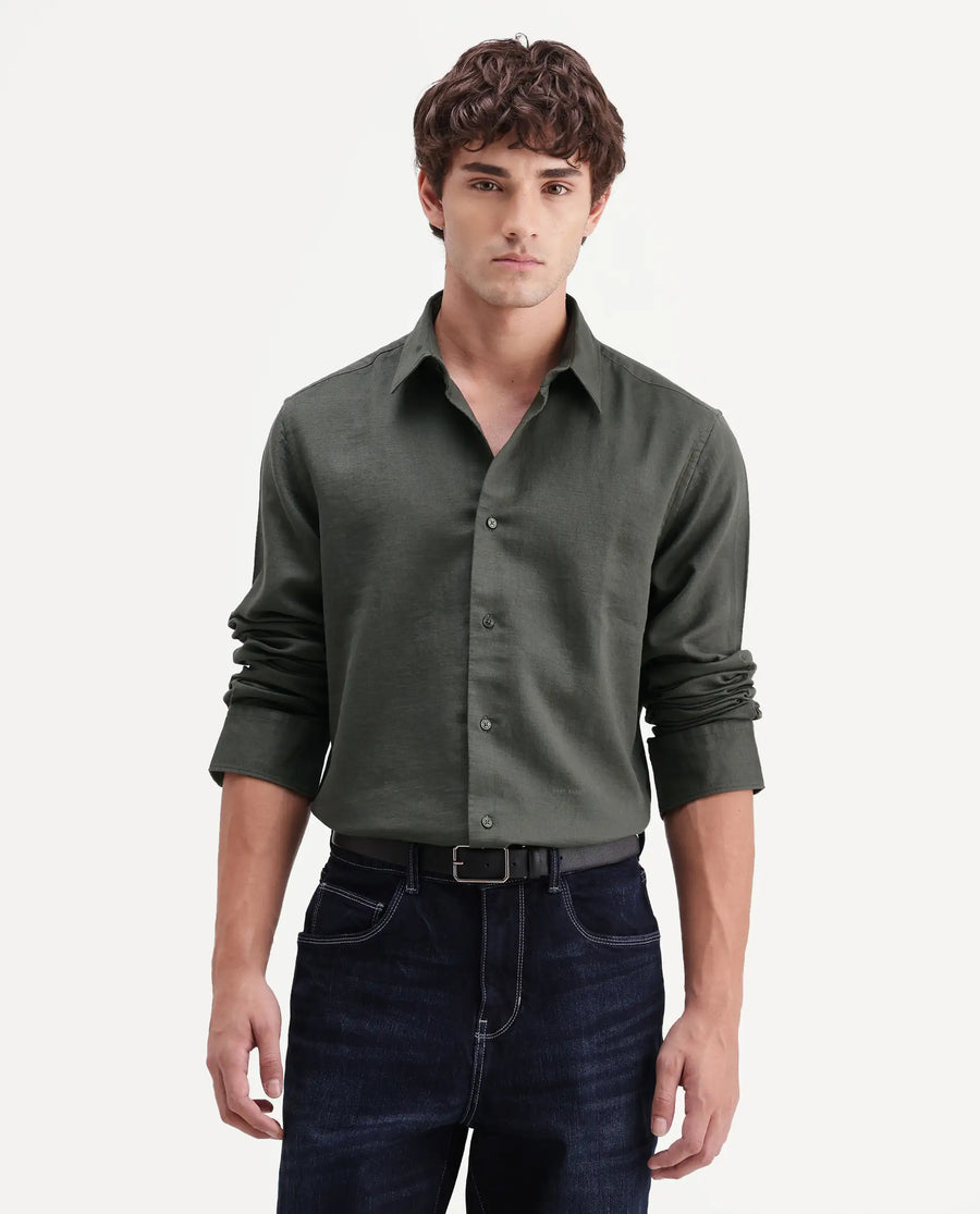 Rare Rabbit Men's Layer-Ls-Aw26 Olive Cotton Spread Collar Regular Plain Shirt