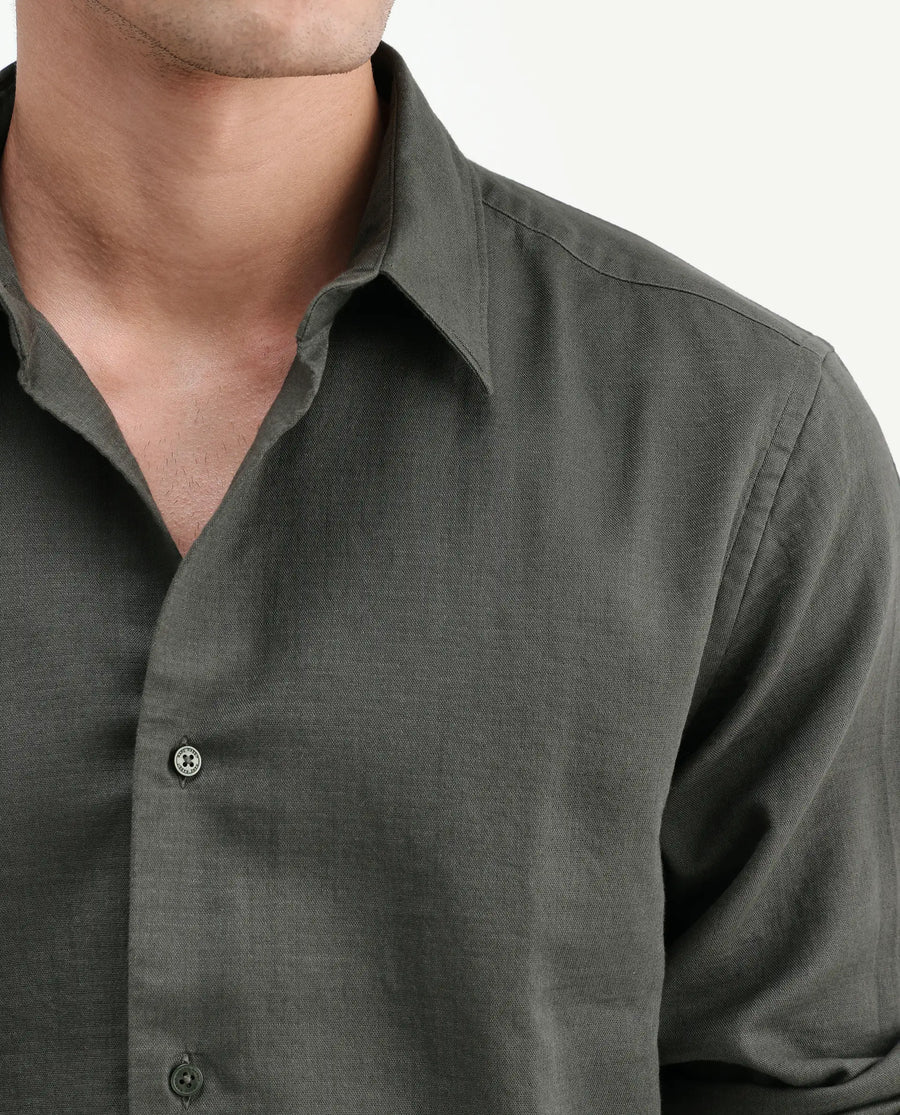 Rare Rabbit Men's Layer-Ls-Aw26 Olive Cotton Spread Collar Regular Plain Shirt