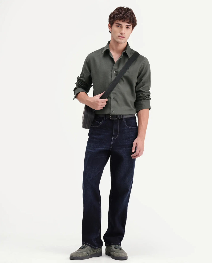 Rare Rabbit Men's Layer-Ls-Aw26 Olive Cotton Spread Collar Regular Plain Shirt
