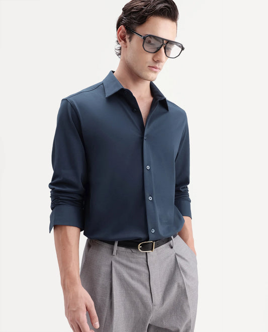 Rare Rabbit Men's Tour-Aw26 Navy Cotton Blend Spread Collar Regular Plain Shirt