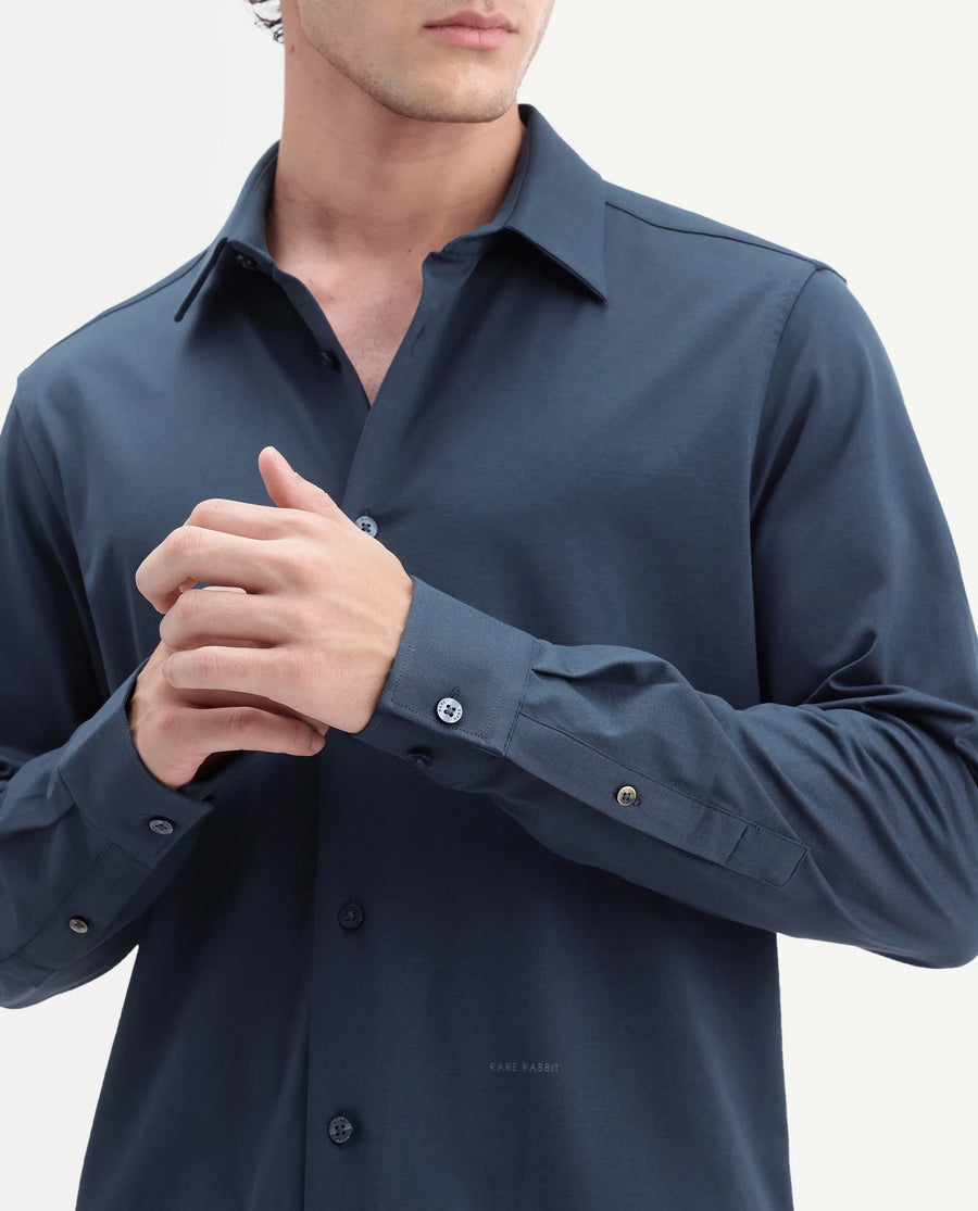 Rare Rabbit Men's Tour-Aw26 Navy Cotton Blend Spread Collar Regular Plain Shirt