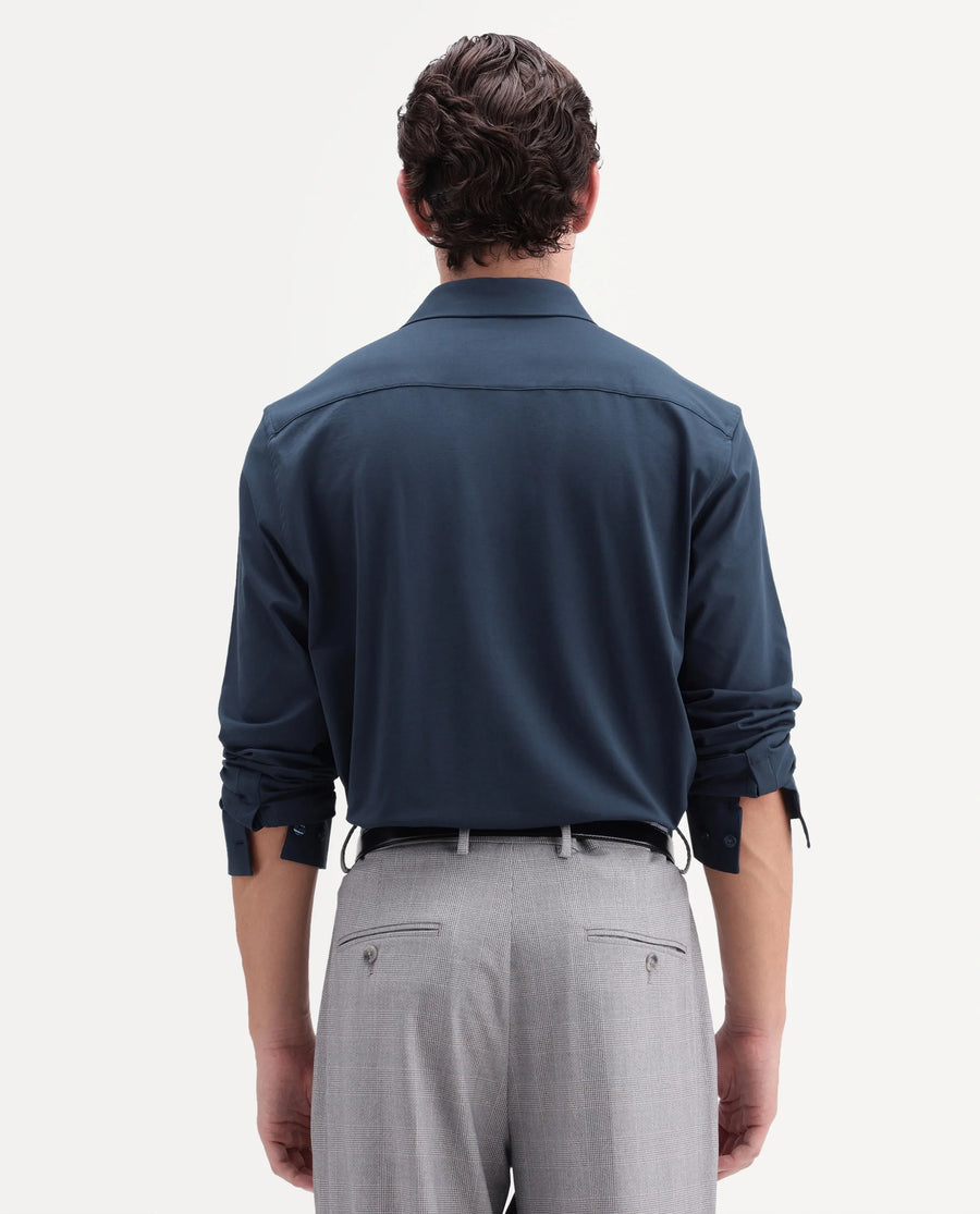 Rare Rabbit Men's Tour-Aw26 Navy Cotton Blend Spread Collar Regular Plain Shirt