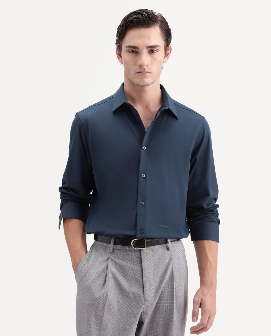 Rare Rabbit Men's Tour-Aw26 Navy Cotton Blend Spread Collar Regular Plain Shirt