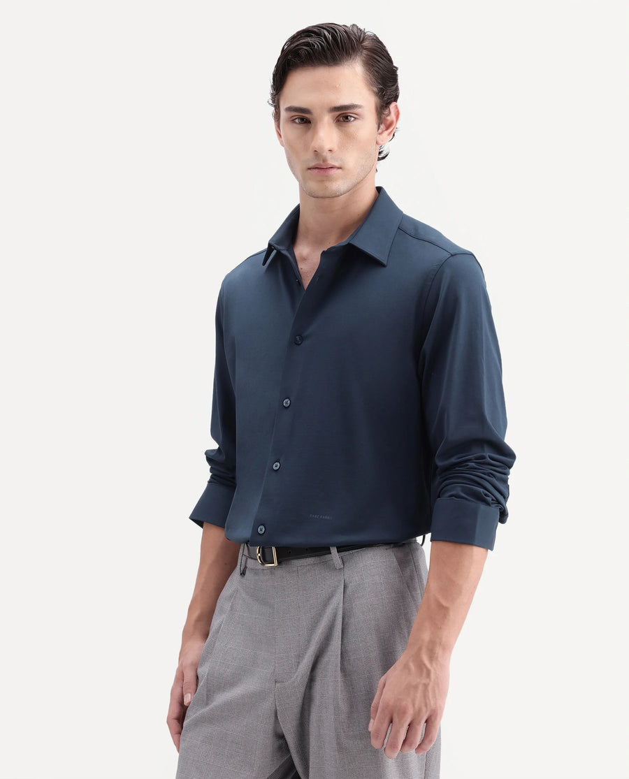 Rare Rabbit Men's Tour-Aw26 Navy Cotton Blend Spread Collar Regular Plain Shirt