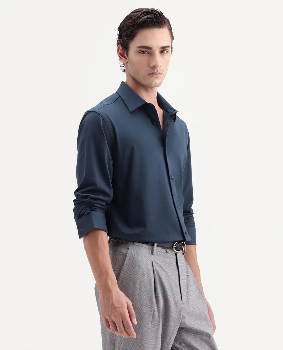 Rare Rabbit Men's Tour-Aw26 Navy Cotton Blend Spread Collar Regular Plain Shirt