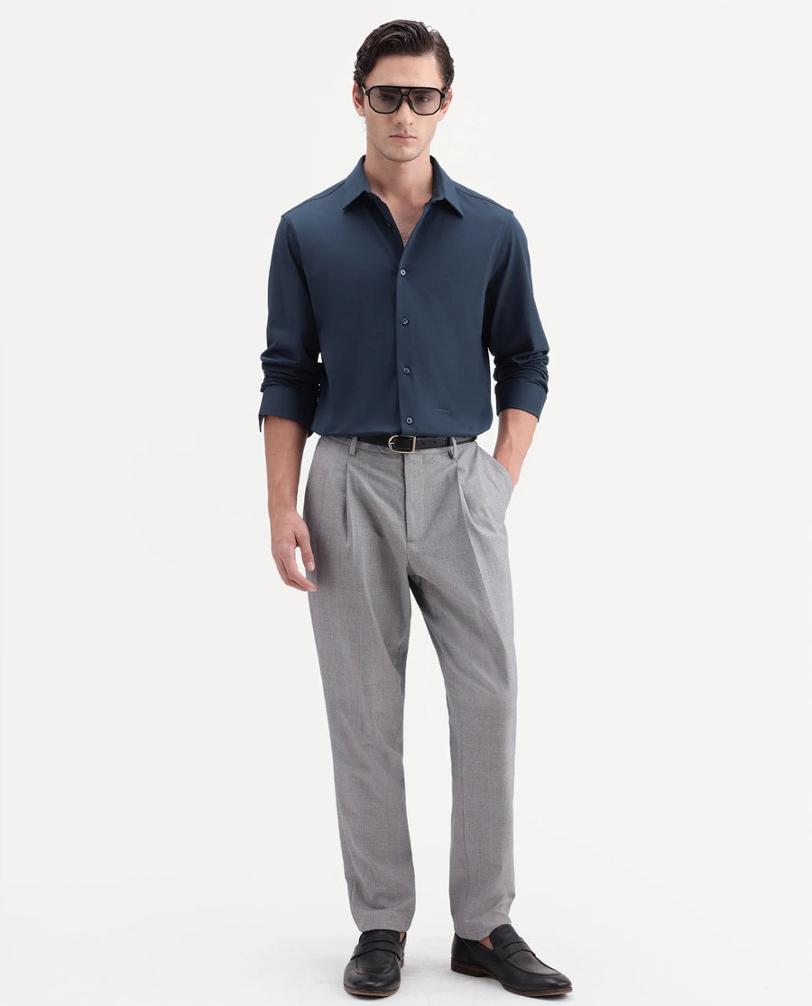 Rare Rabbit Men's Tour-Aw26 Navy Cotton Blend Spread Collar Regular Plain Shirt