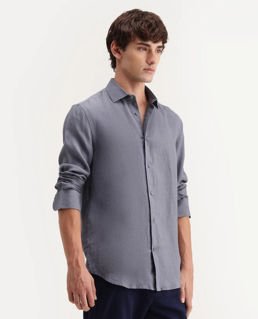 Rare Rabbit Men's Mavi-Aw26 Dusky Grey 100% Linen Spread Collar Regular Plain Shirt