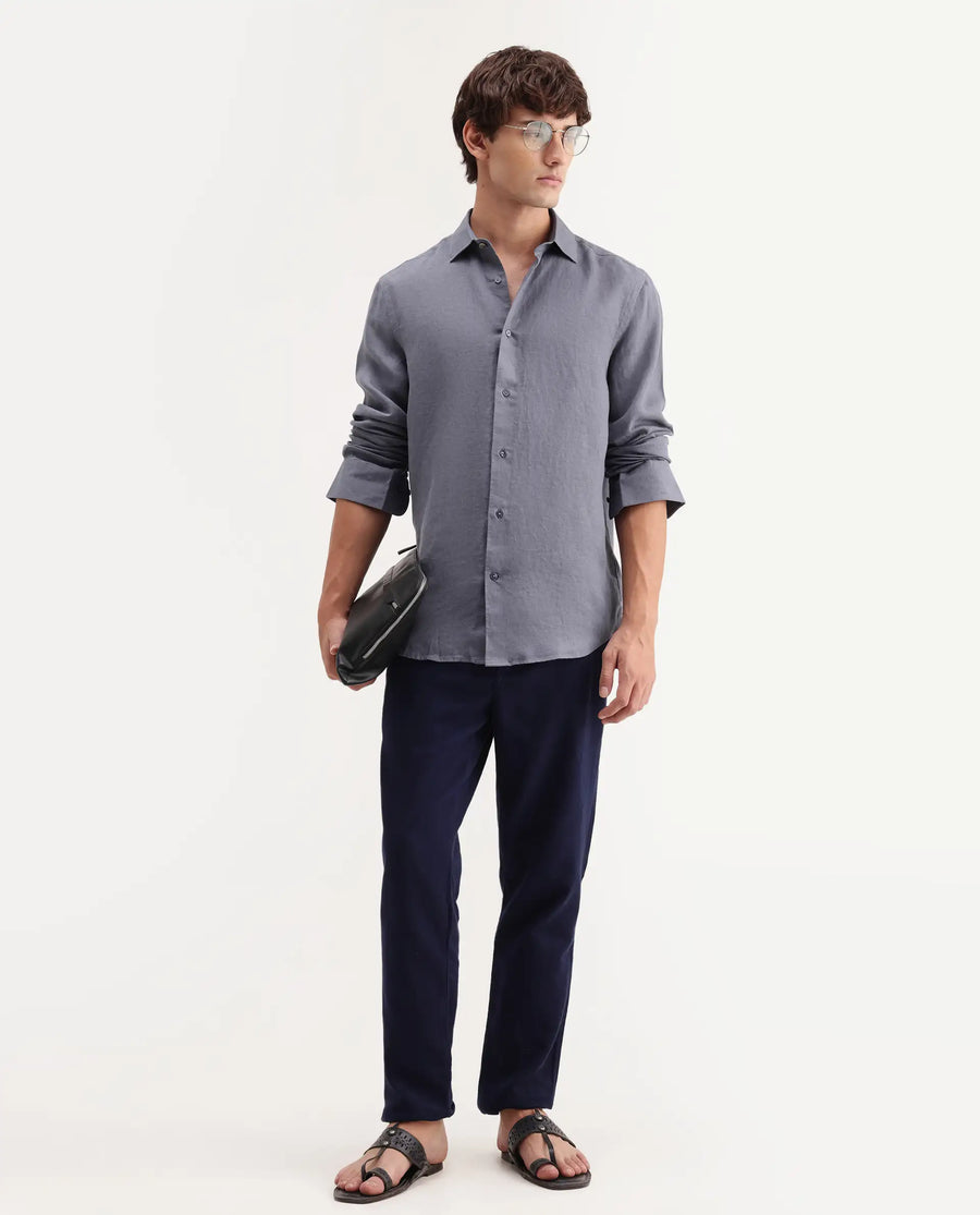Rare Rabbit Men's Mavi-Aw26 Dusky Grey 100% Linen Spread Collar Regular Plain Shirt